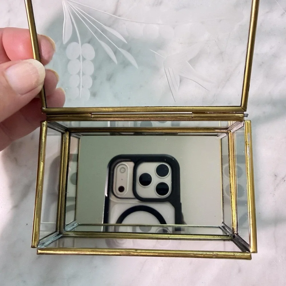 Vintage 80s Mexican Brass Etched Glass Swallow Trinket Box‎ Bird Vanity Mirror